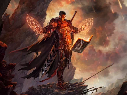 HD desktop wallpaper of a fierce fantasy warrior mage, holding a magical book and casting spells amidst a rugged, fiery landscape. Tags: warrior, mage, fantasy, sorcerer, fantasy warrior.