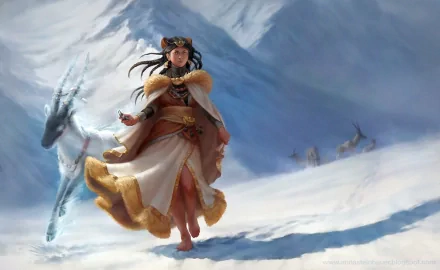 A fantasy-themed HD desktop wallpaper featuring a woman in elegant attire, walking through a snowy landscape with a mystical creature beside her.