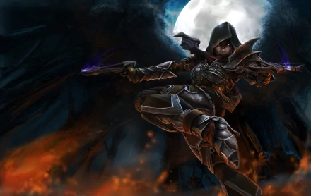 A dynamic HD wallpaper featuring the Demon Hunter from Diablo III, brandishing weapons under a glowing moonlit backdrop, capturing the essence of the video game’s dark fantasy theme.