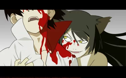 HD PC desktop wallpaper of Koyomi Araragi and Black Hanekawa (Tsubasa Hanekawa) from the Monogatari anime — black‑haired Hanekawa grinning with blood across Araragi's face.