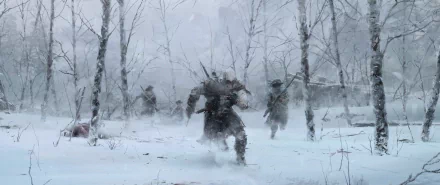 A dynamic HD wallpaper from Assassin's Creed III, featuring a snowy landscape with a warrior charging through a wintry forest, flanked by fellow soldiers amidst falling snow.