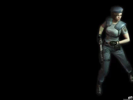 A dynamic HD PC desktop wallpaper featuring a character from the video game Resident Evil, showcasing a tense action pose against a dark background.