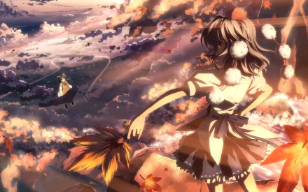 A vibrant 4K Ultra HD desktop wallpaper featuring Aya Shameimaru from the anime Touhou, showcasing a scenic background with swirling clouds and autumn leaves.