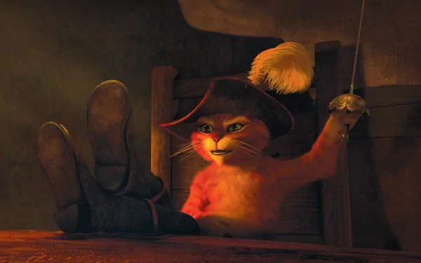 HD desktop wallpaper and background featuring Puss in Boots from the movie Puss in Boots, sitting with his feet up and holding a sword.