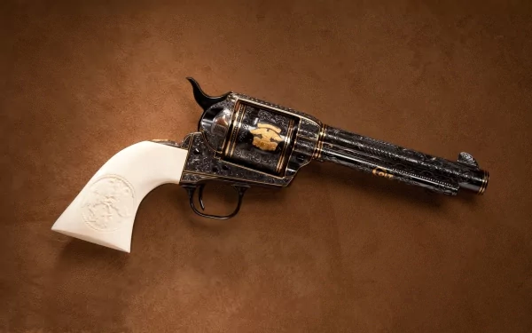 HD desktop wallpaper featuring a detailed Colt revolver with a white grip, set against a textured brown background.
