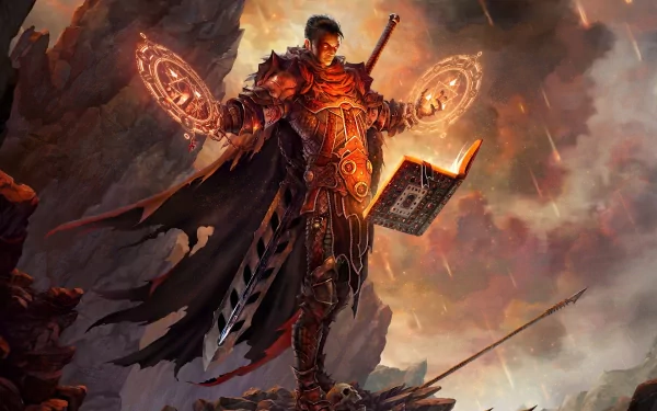 HD desktop wallpaper of a fierce fantasy warrior mage, holding a magical book and casting spells amidst a rugged, fiery landscape. Tags: warrior, mage, fantasy, sorcerer, fantasy warrior.