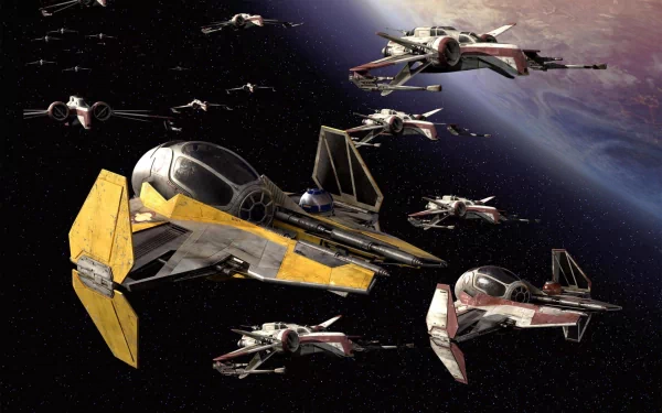 HD desktop wallpaper of a CGI scene from Star Wars, featuring X-Wing ships and other spacecraft flying in space near a planet.