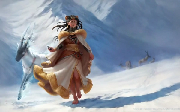 A fantasy-themed HD desktop wallpaper featuring a woman in elegant attire, walking through a snowy landscape with a mystical creature beside her.
