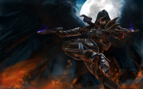 A dynamic HD wallpaper featuring the Demon Hunter from Diablo III, brandishing weapons under a glowing moonlit backdrop, capturing the essence of the video game’s dark fantasy theme.