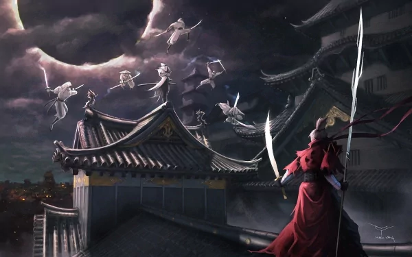 A dramatic fantasy battle scene features a warrior in a flowing red cloak, brandishing swords on a rooftop, with ethereal figures flying under a dark, moonlit sky.