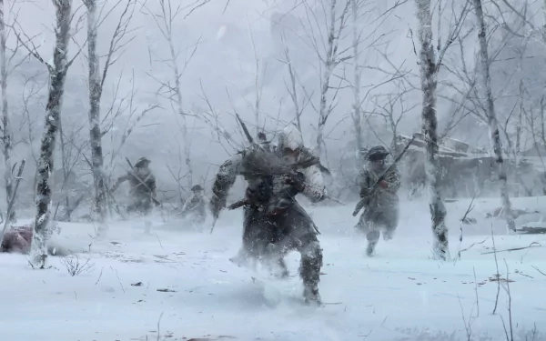 A dynamic HD wallpaper from Assassin's Creed III, featuring a snowy landscape with a warrior charging through a wintry forest, flanked by fellow soldiers amidst falling snow.