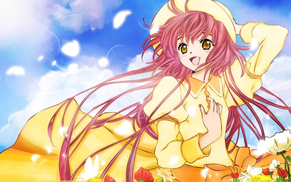 Anime Kobato smiling in a flowing yellow dress among flowers and petals against a bright blue sky, 2K Quad HD PC desktop wallpaper background.