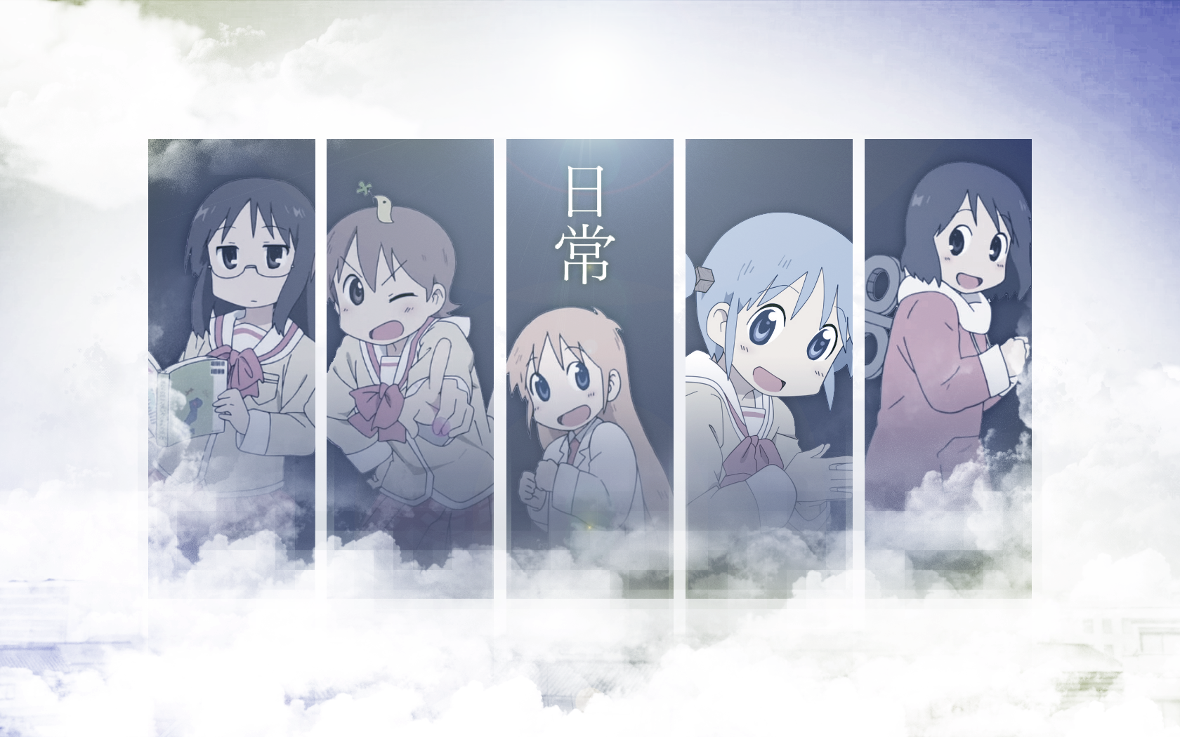 HD anime desktop wallpaper featuring the main characters from Nichijō, set against a cloudy sky background with vertical panels highlighting each character.