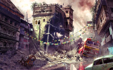 Dynamic HD wallpaper from the video game Uncharted 2: Among Thieves, showcasing a ruined urban landscape with colorful flags and vehicles amidst destruction.