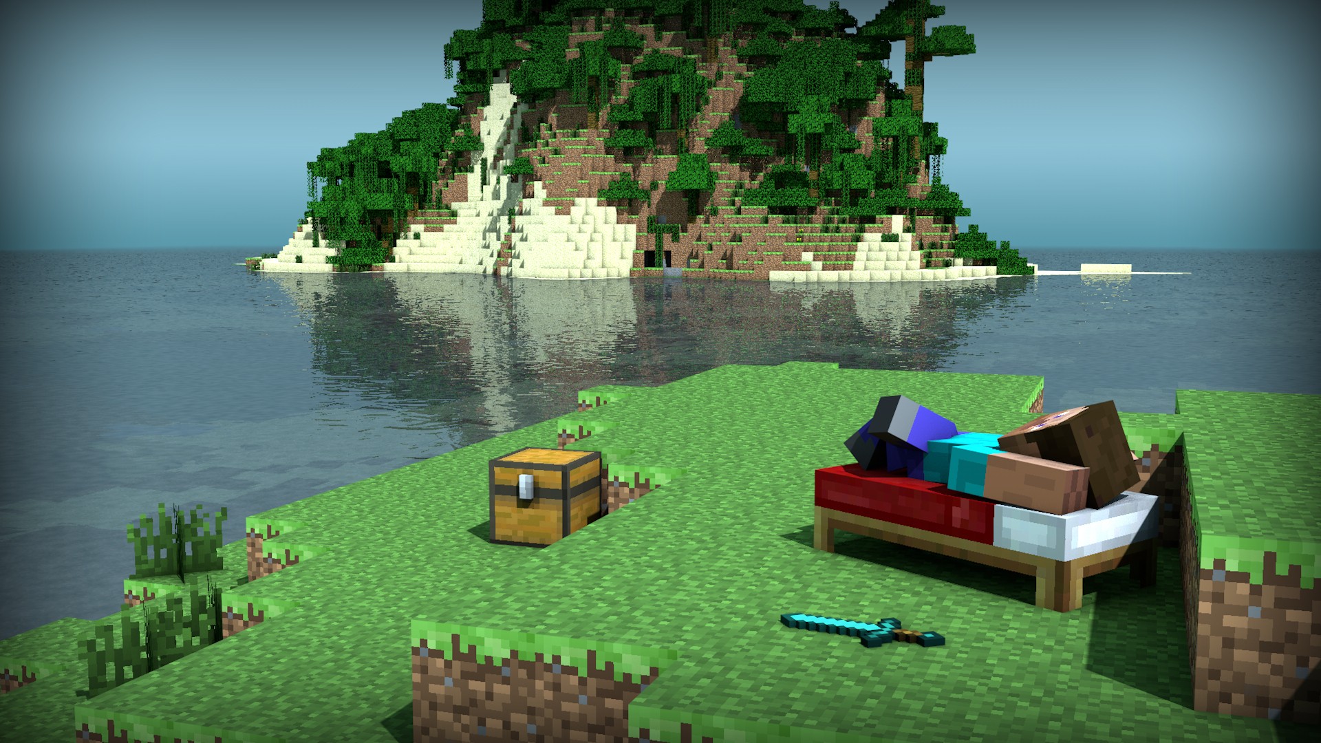 Minecraft Steve relaxing on a small island