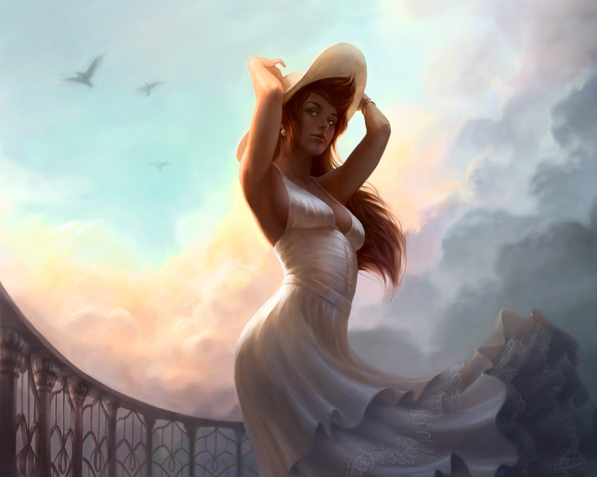 A captivating artistic HD wallpaper featuring a woman in a flowing white dress, gracefully lifting her hat against a dreamy sky filled with soft clouds and distant birds.