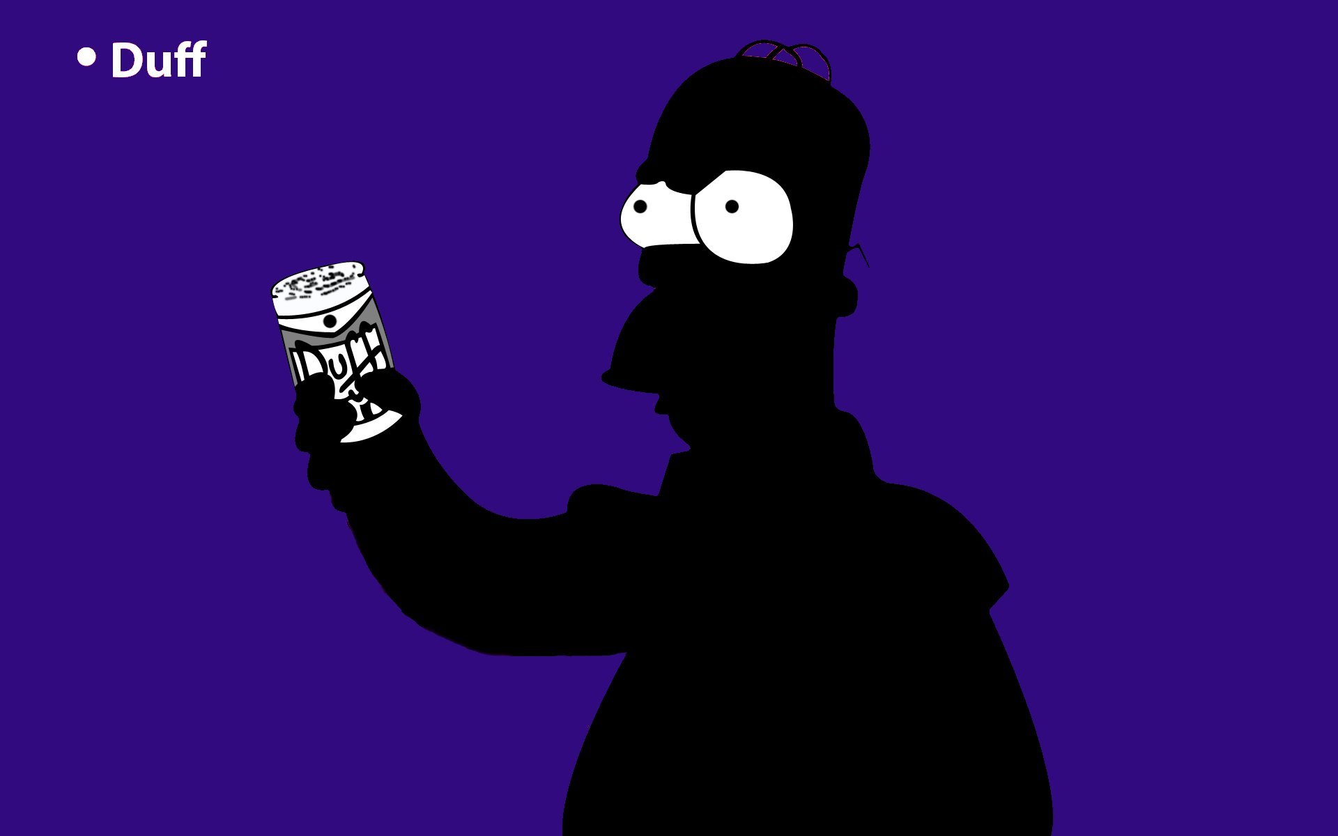HD PC desktop wallpaper featuring a silhouette of Homer Simpson from The Simpsons holding a can of Duff beer against a deep blue background.
