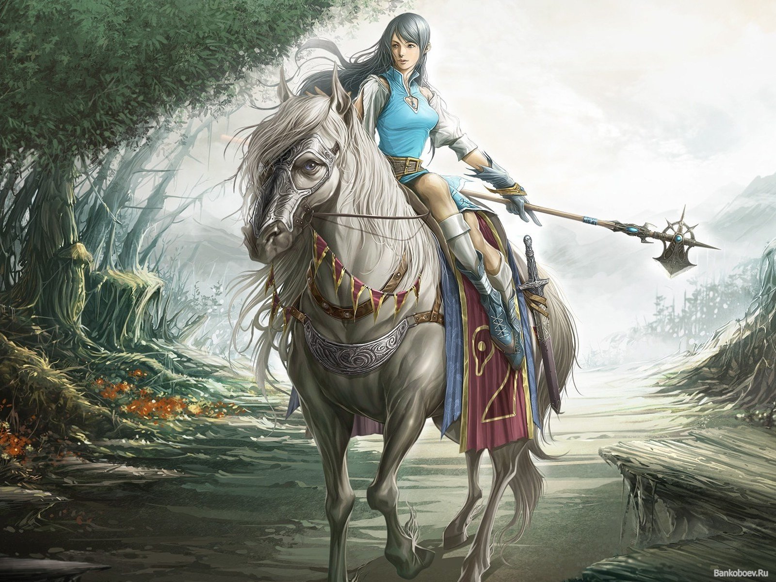 A powerful woman warrior rides a majestic gray horse through an enchanting landscape, embodying strength and valor in this stunning fantasy HD wallpaper.