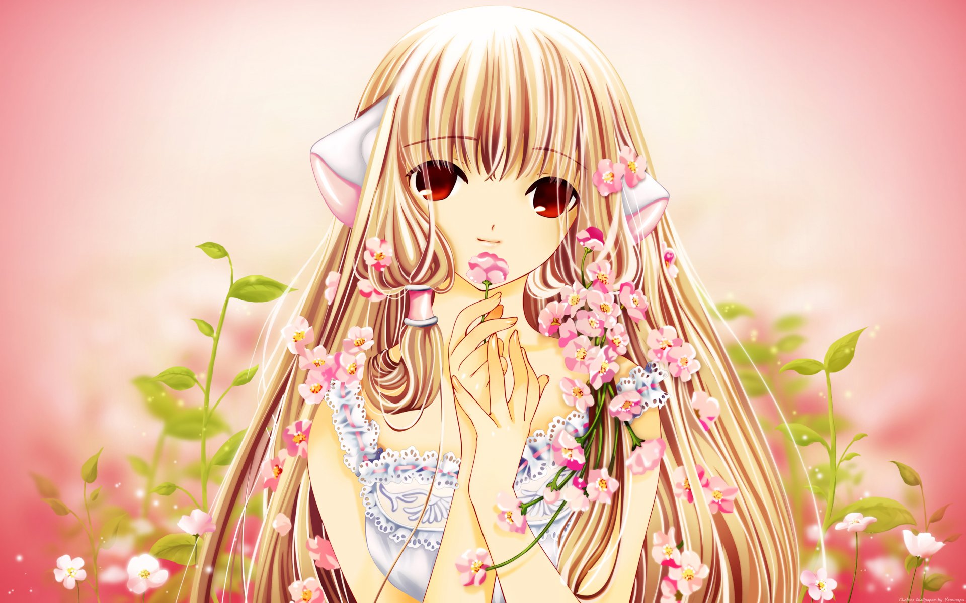 HD anime desktop wallpaper featuring a Chobits character with long blonde hair, surrounded by pink flowers and soft green foliage on a pastel background.