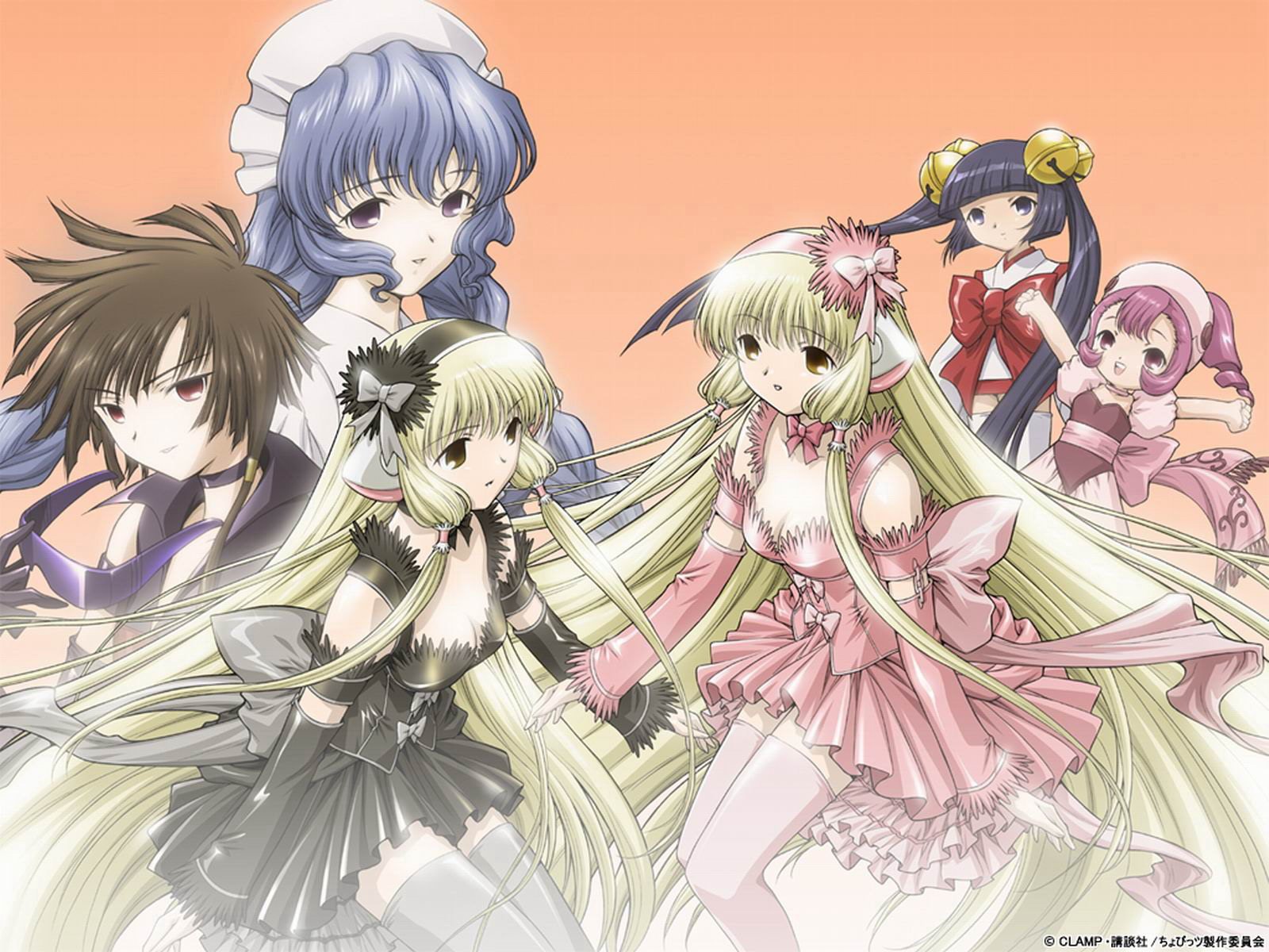 Chobits anime HD PC desktop wallpaper: Chii and other Persocoms in delicate pastel dresses with flowing hair against a warm peach backdrop.