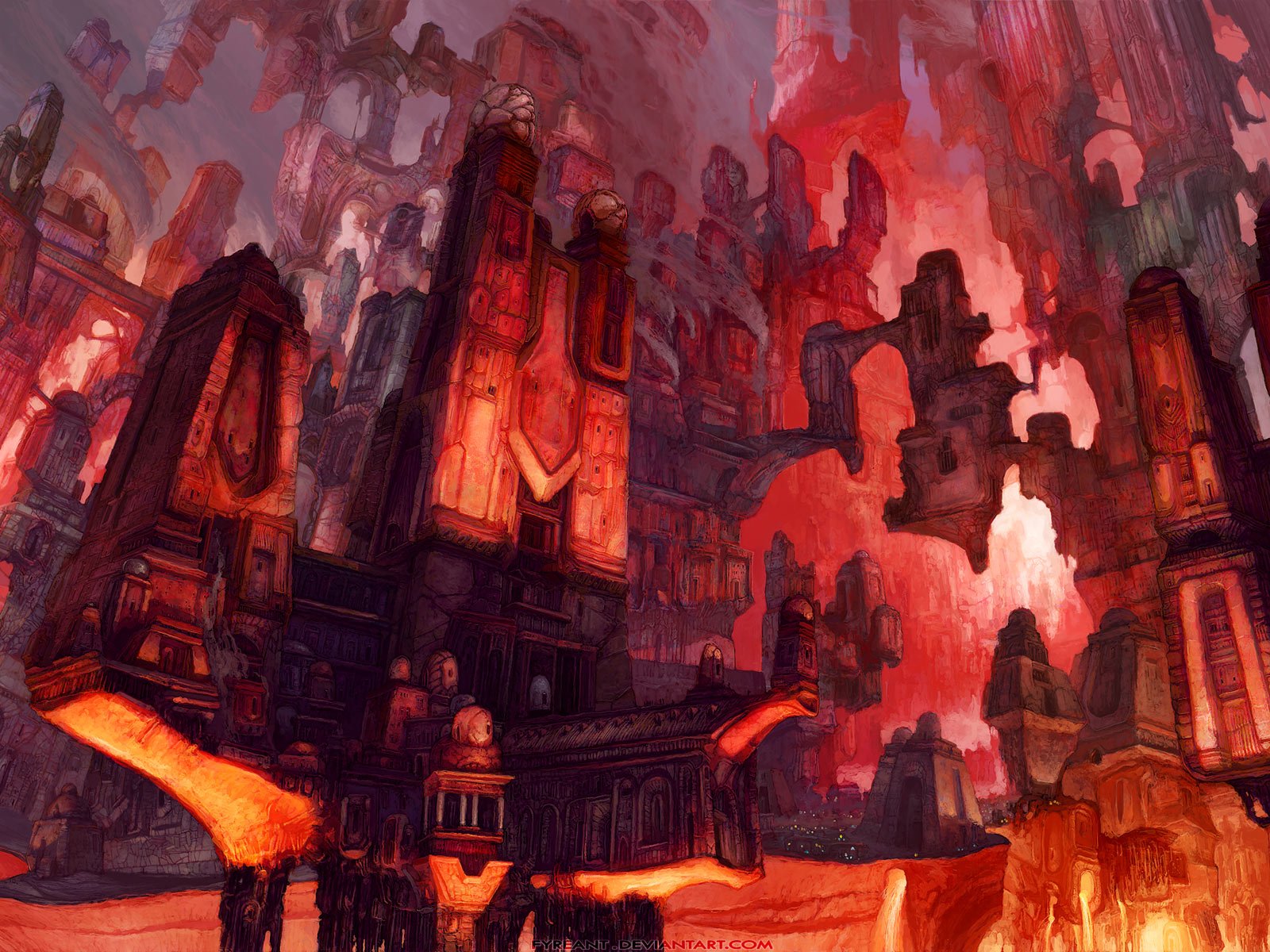 A vibrant fantasy cityscape with towering structures and dramatic hues, creating an enchanting atmosphere. This HD wallpaper immerses viewers in a captivating otherworldly realm.