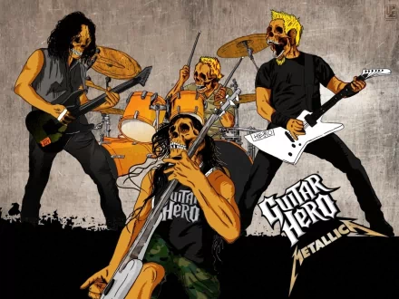 A vibrant HD desktop wallpaper featuring a metal band with skeletons playing instruments, celebrating the energy of Metallica and the Guitar Hero series.