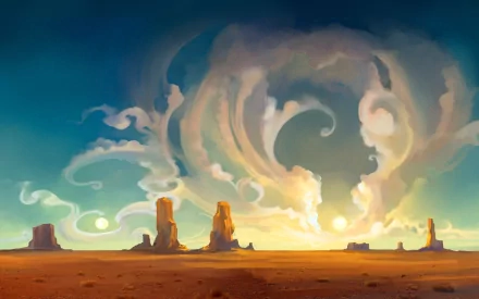 A vibrant painting of a desert landscape under a swirling cloud-filled sky, capturing a unique blend of nature and technology, suitable as a striking HD wallpaper for Ubuntu.
