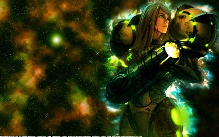A vibrant HD wallpaper featuring a character from the Metroid video game series, set against a cosmic backdrop with vivid colors and intricate details.