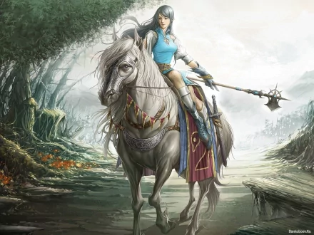 A powerful woman warrior rides a majestic gray horse through an enchanting landscape, embodying strength and valor in this stunning fantasy HD wallpaper.