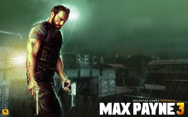 A dramatic HD wallpaper featuring Max Payne from Max Payne 3, showcasing a gritty scene with the character holding guns in a rain-soaked environment.