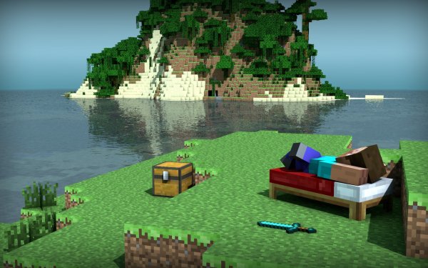 Videojuego Minecraft Steve Bed Espada Agua Isla Chest Fondo de pantalla HD | Fondo de Escritorio
