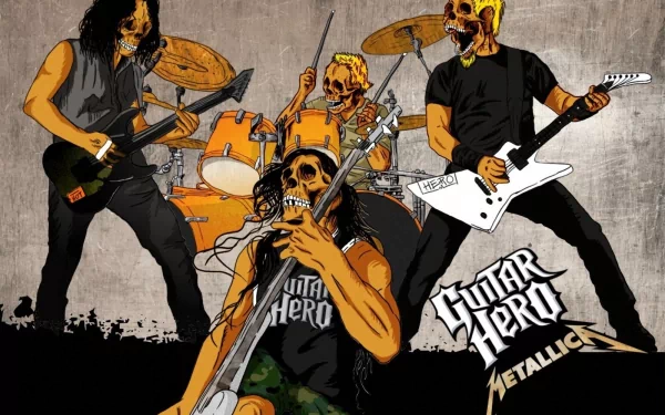 A vibrant HD desktop wallpaper featuring a metal band with skeletons playing instruments, celebrating the energy of Metallica and the Guitar Hero series.