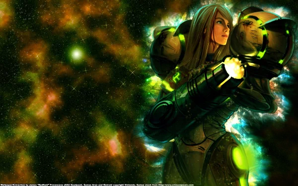 A vibrant HD wallpaper featuring a character from the Metroid video game series, set against a cosmic backdrop with vivid colors and intricate details.