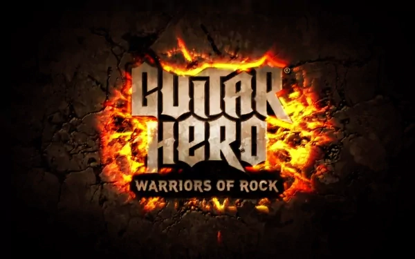 Guitar Hero: Warriors of Rock logo bursts through a cracked, fiery background, showcasing the energy and excitement of this iconic video game in a striking HD desktop wallpaper.