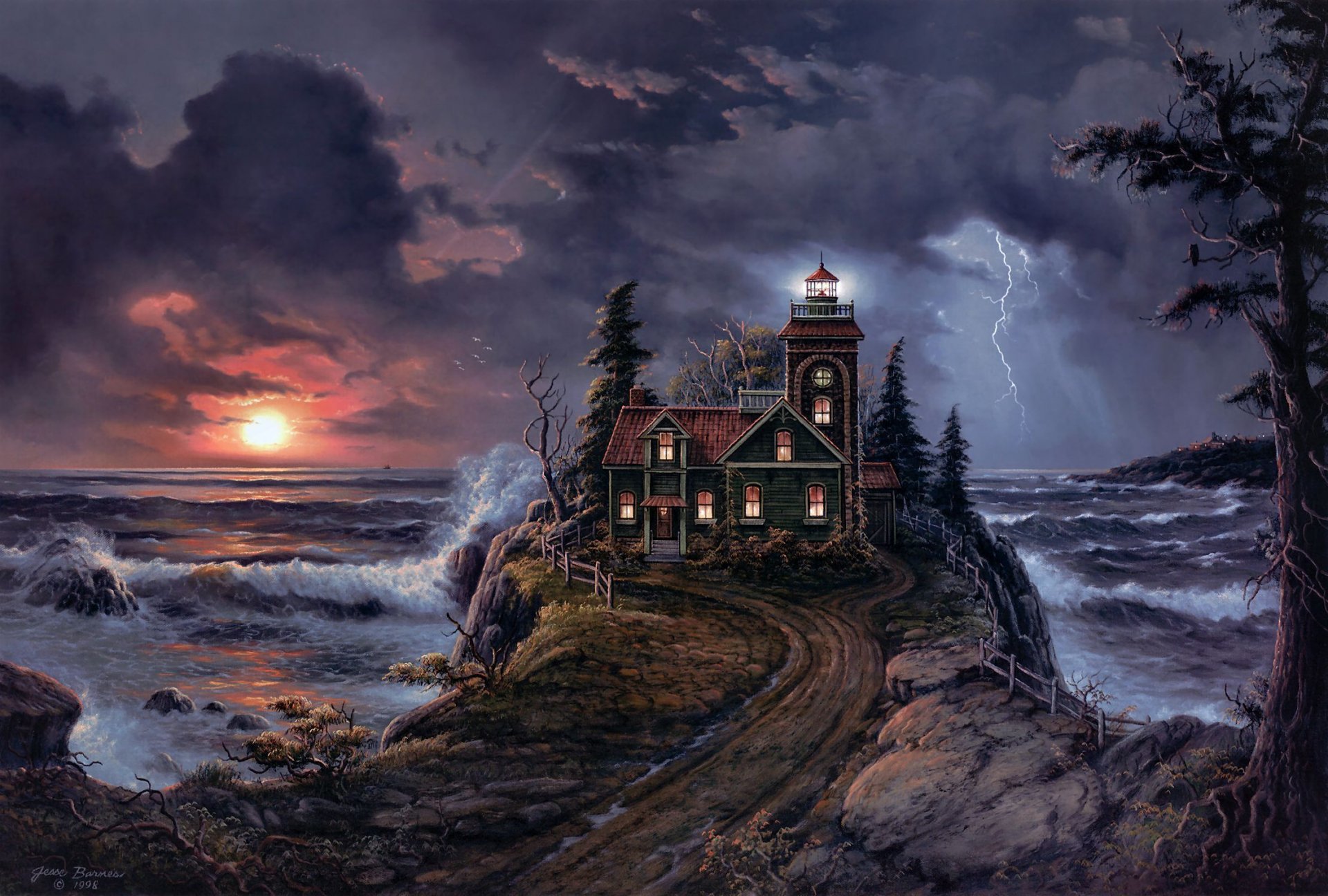 A dramatic lighthouse stands atop a rocky coast, surrounded by turbulent sea and stormy skies at sunset, with a winding road leading to its enchanting scene.
