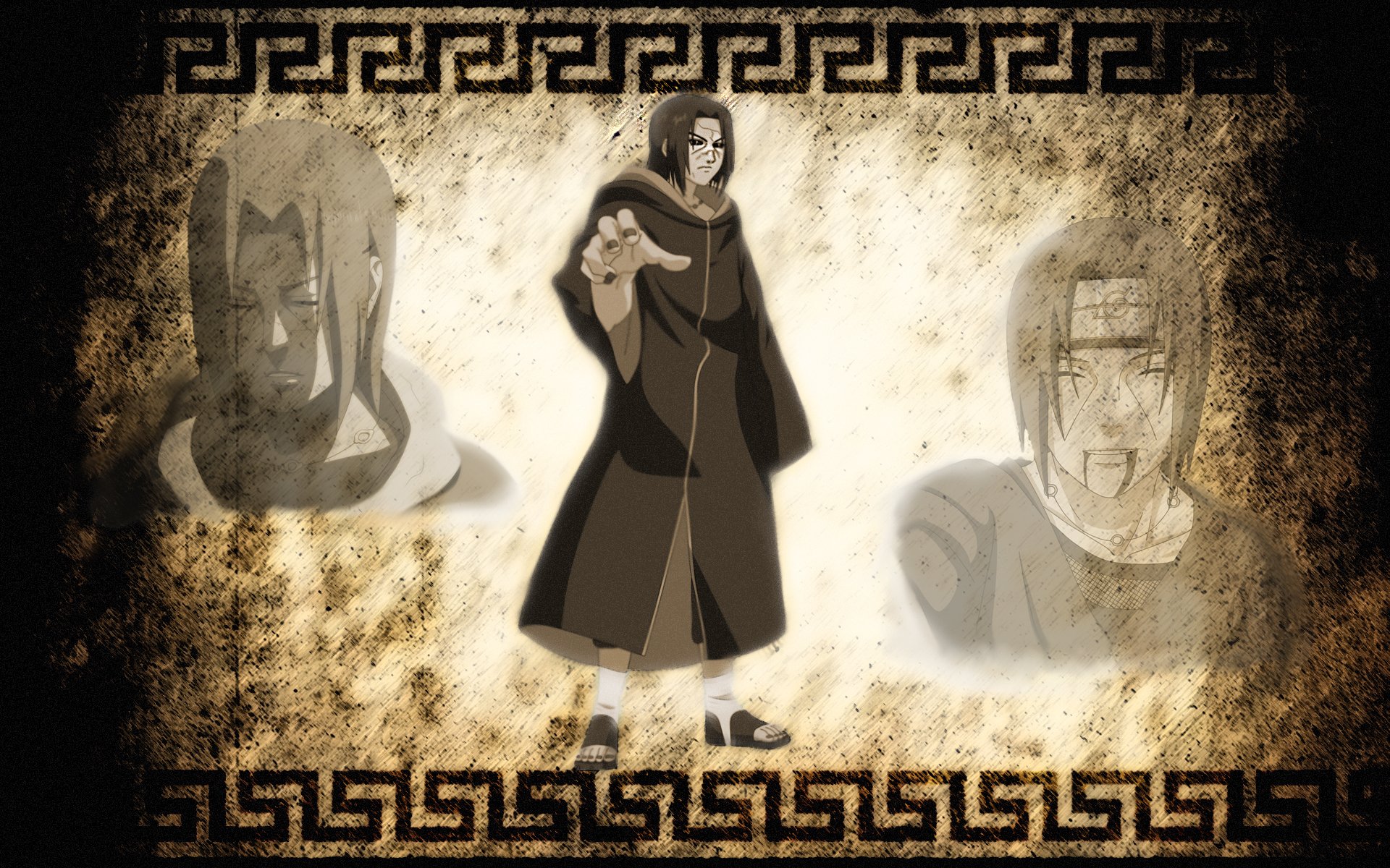 HD wallpaper featuring Itachi Uchiha from the anime Naruto, showcasing a stylized background with images of the character in a dramatic design.