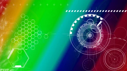 Colorful abstract design with geometric and technological elements in vibrant hues, creating a cool, high-definition PC desktop wallpaper background.