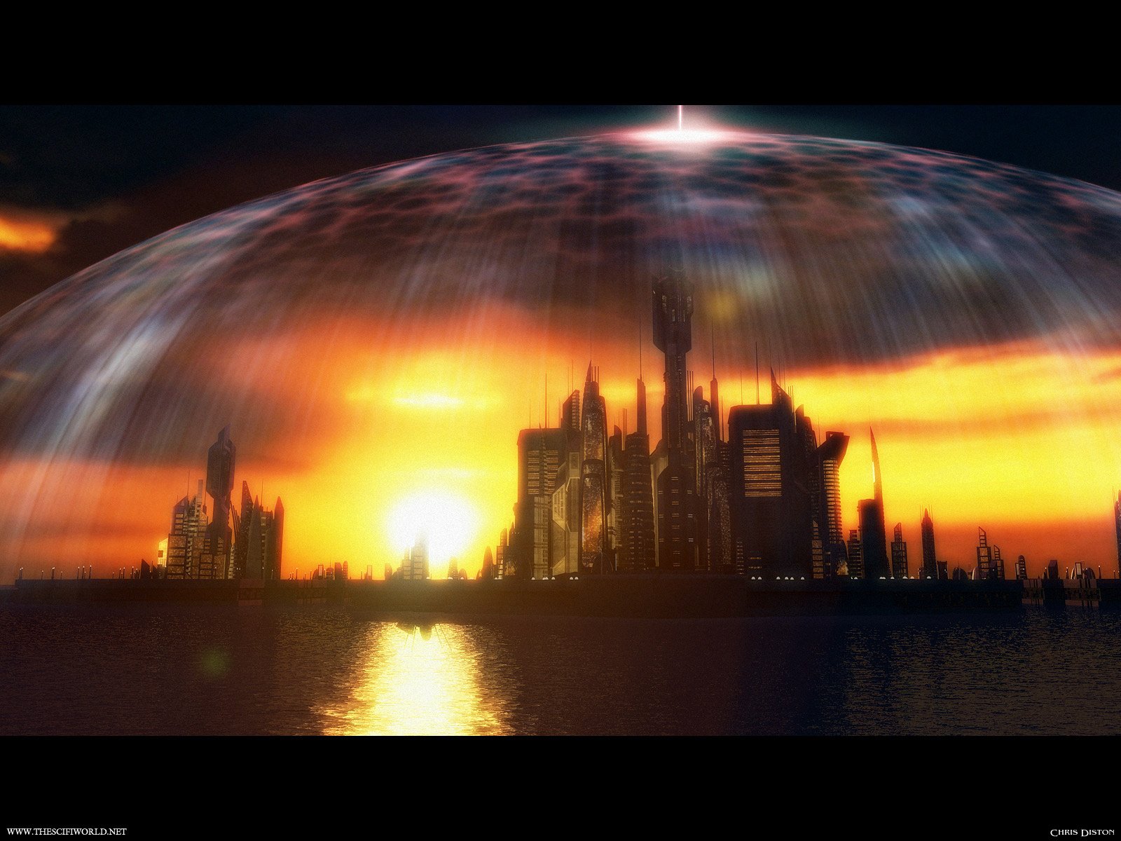 HD desktop wallpaper and background from TV show Stargate Atlantis, featuring a sunset-lit city with a protective dome over it.