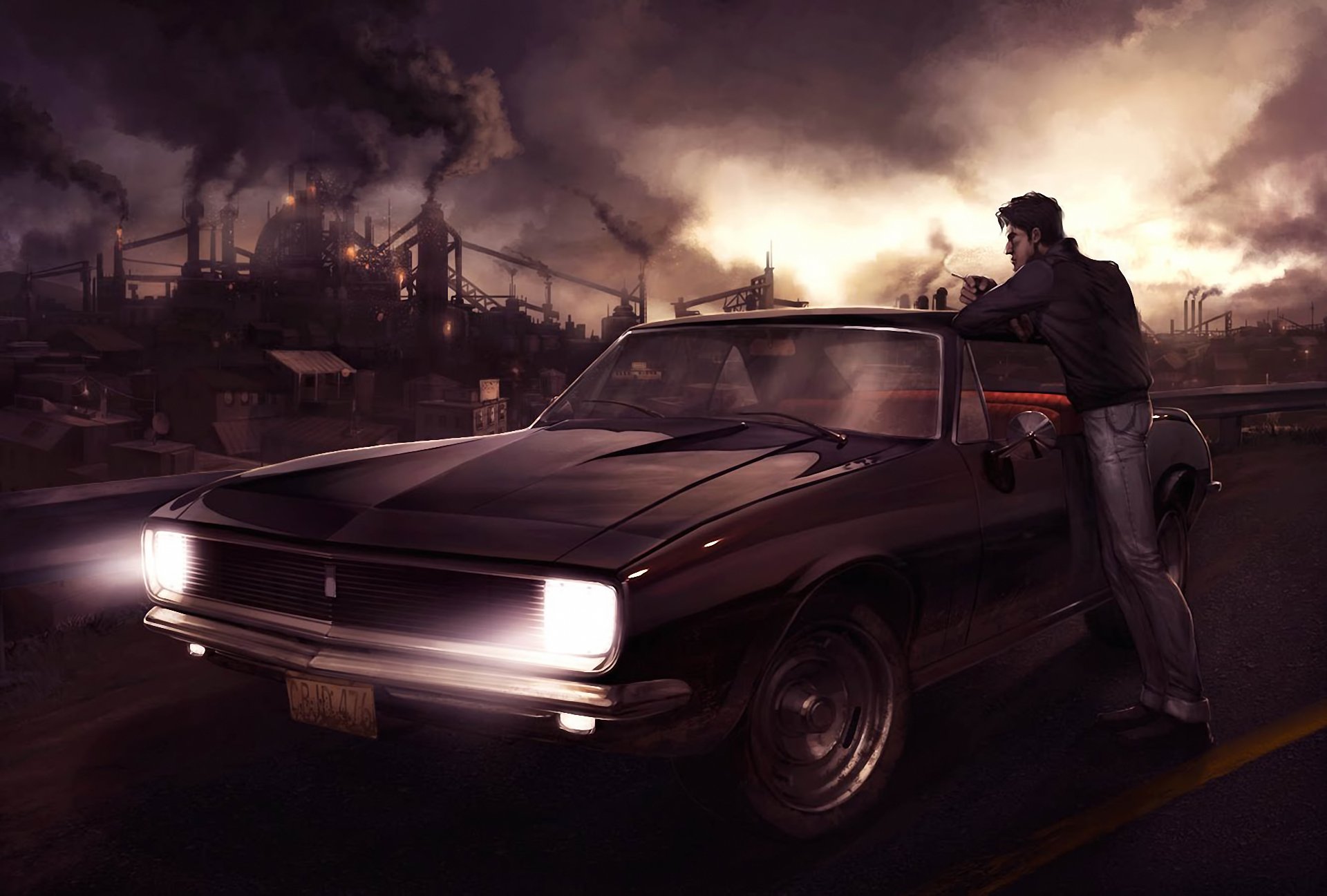 HD PC desktop wallpaper depicting a dark cityscape with a man leaning on a classic car under a smoky, moody sky.