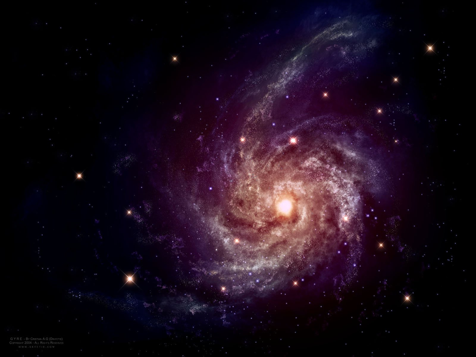 HD PC desktop wallpaper of a vibrant sci-fi galaxy with swirling stars and cosmic dust in deep purple and glowing orange hues.