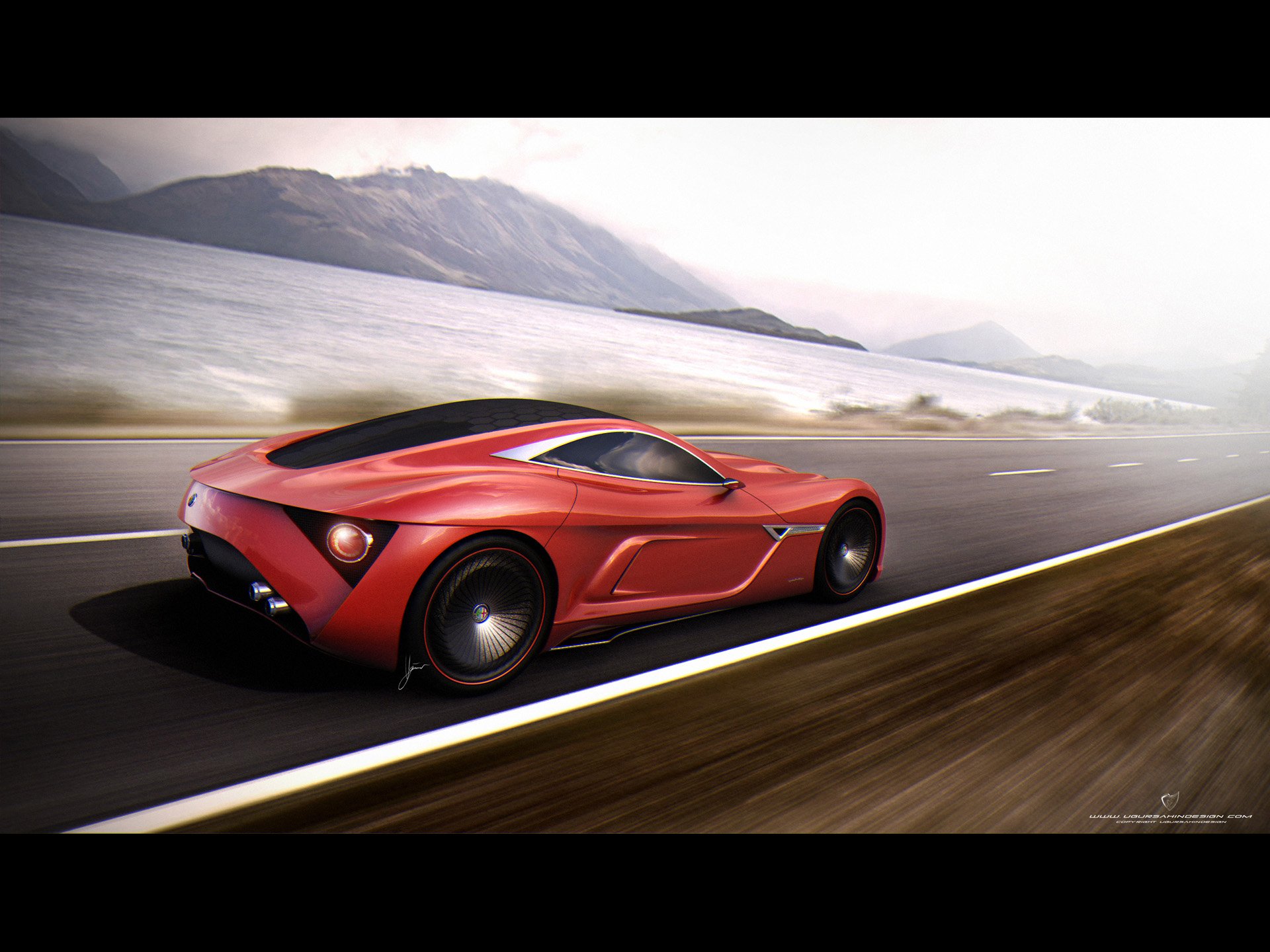 HD PC desktop wallpaper of a sleek red Alfa Romeo 12C GTS concept car speeding on an open road with mountains in the background.
