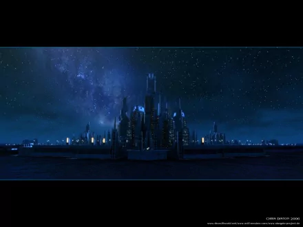 A stunning HD desktop wallpaper and background featuring a nighttime scene from the TV show Stargate SG-1, showcasing an illuminated futuristic city under a starry sky.