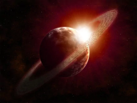 HD desktop wallpaper featuring a stunning sci-fi scene of a planet with glowing planetary rings, set against a dark, star-studded background.