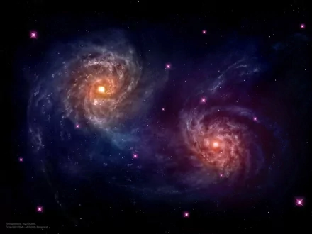A stunning sci-fi HD wallpaper featuring a vibrant galaxy with two spiraling galaxies illuminated by bright stars against a dark cosmic background.