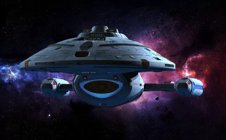 A high-definition desktop wallpaper featuring the spacecraft Voyager against a vibrant cosmic background, inspired by the Star Trek sci-fi universe.