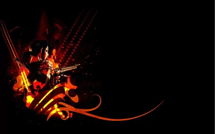 Black Lagoon anime HD PC desktop wallpaper: two gun-wielding characters framed by fiery orange and red abstract swirls on the left against a deep black background.