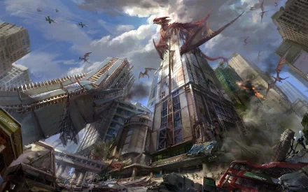 A dramatic cityscape in chaos, featuring a colossal dragon wreaking destruction while fighter jets engage in a relentless rampage above. High-definition fantasy wallpaper.