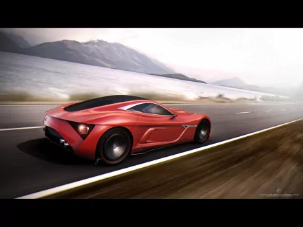 HD PC desktop wallpaper of a sleek red Alfa Romeo 12C GTS concept car speeding on an open road with mountains in the background.