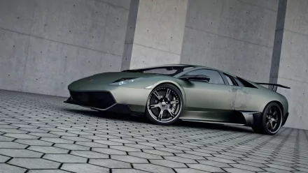 A sleek Lamborghini Murcielago parked on a modern tiled surface, showcasing its striking design and powerful stance in a high-definition wallpaper format.