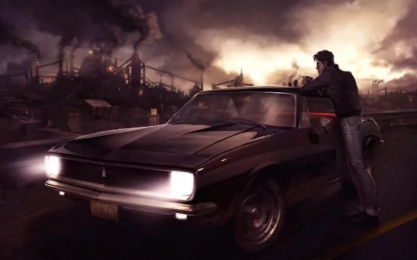 HD PC desktop wallpaper depicting a dark cityscape with a man leaning on a classic car under a smoky, moody sky.